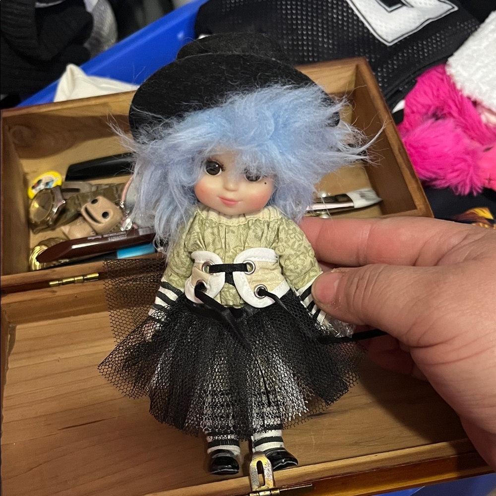 Whimsical Decorative Doll in Light Blue and Black Tulle Outfit